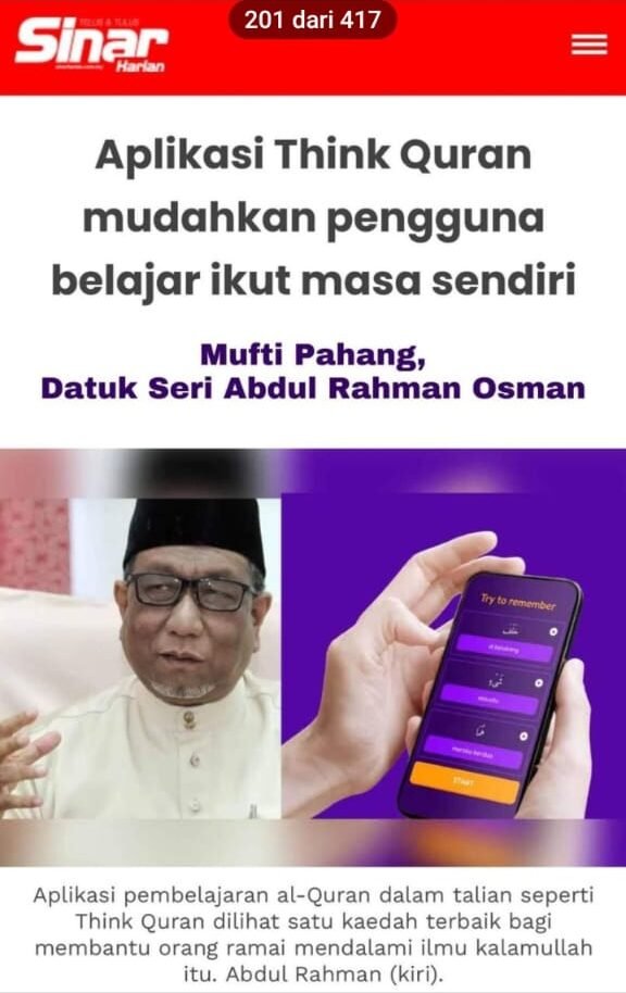 Liputan Sinar Harian mengenai aplikasi ThinkQuran dan Mufti Pahang